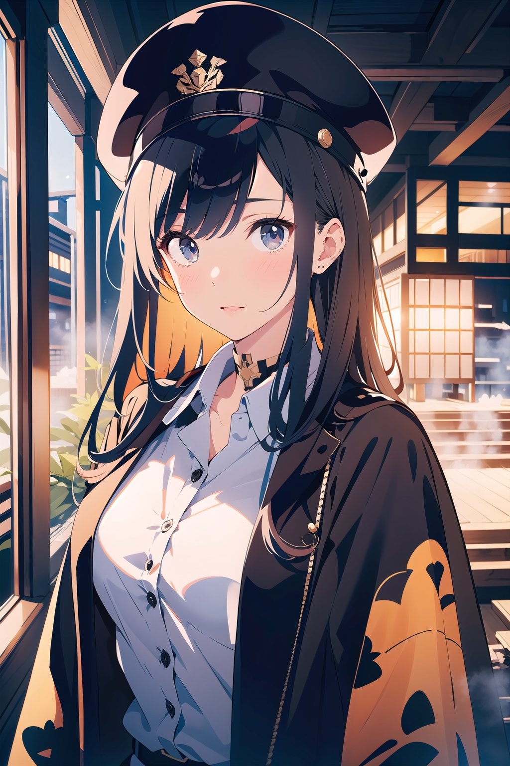 (masterpiece), best quality, high resolution, highly detailed, detailed background,

1girl,
white collared shirt,
black hair,very long hair,
onsen,black military cap,black coat,black cloak,
long sleeves,oval face,
solo,