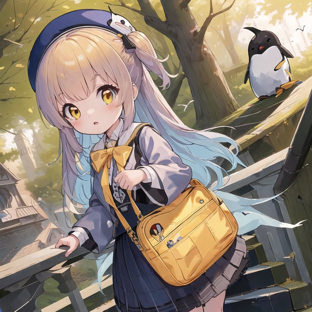 masterpiece,illustration,ray tracing,finely detailed,best detailed,Clear picture,intricate details,highlight,
anime,
gothic architecture,
looking at viewer,
nature,gothic architecture,bird,the lakeside in the heart of the forest,the staircase of the balcony,

NikkeRei,
1girl,upper body,loli,baby,long hair,hat,
yellow bow,yellow bag,
skirt,
NikkePenguin,Penguin,
sitting,Chibi