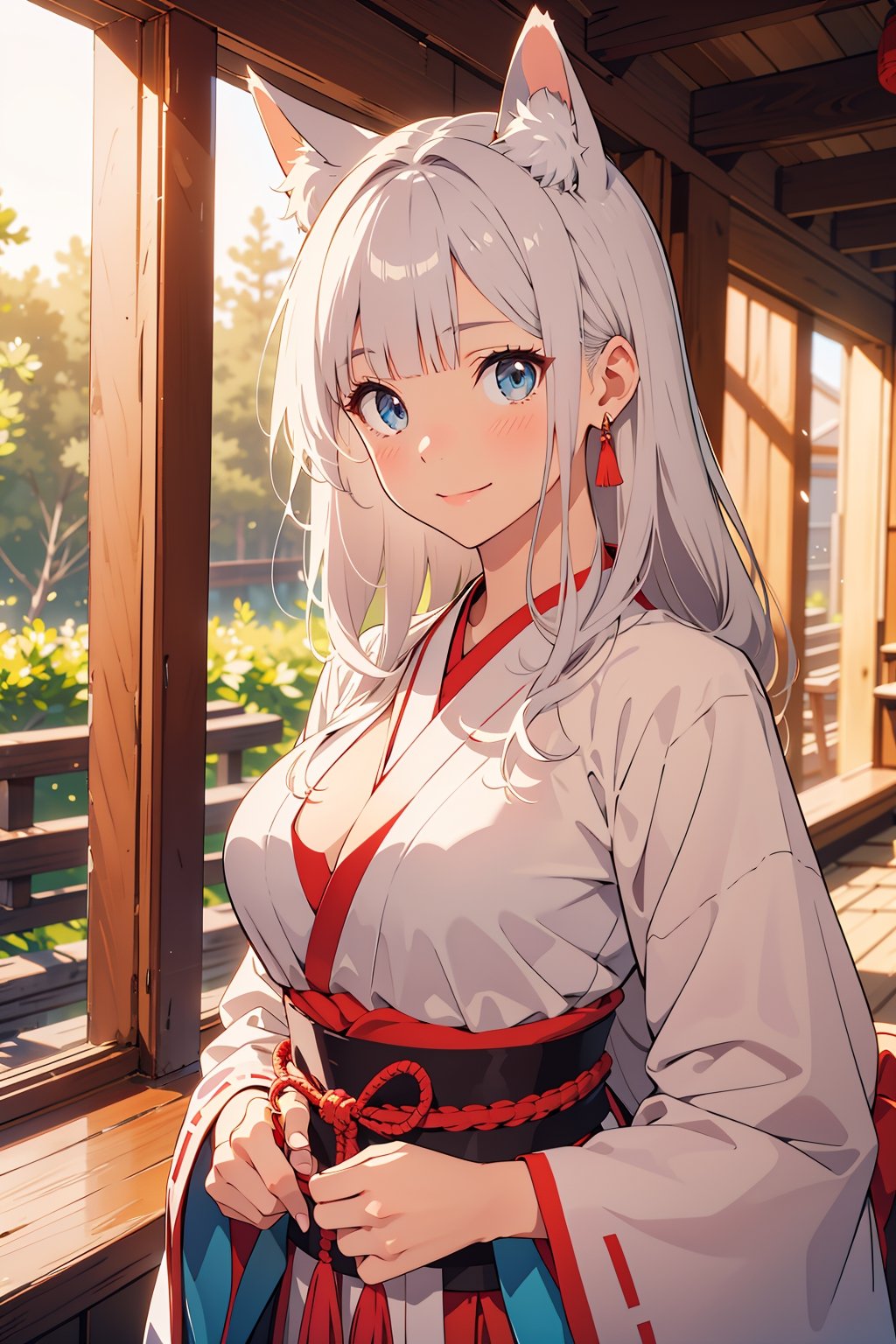 

(masterpiece),illustration,ray tracing,beautiful detailed,colourful,finely detailed,dramatic light,
medium breasts,
Miko outfit,matrue female,oval face,blunt bangs,long hair,tassel,white hair,blue eye,smile,fox ear,
matrue female,milf,
bisyoujo,lady,
tsurime eyes,
japanese architecture,forest,sunlight,diffuse light,