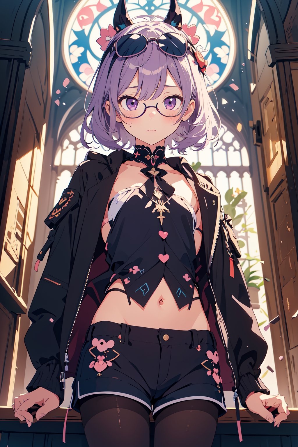 masterpiece,(kawaii illustration:1.5),(absurdres:1.5),
upper body,
small breasts,
gothic architecture,
looking at viewer,
masterpiece, best quality, 1girl, official, black jacket, jacket on shoulders, shirt, shorts, pantyhose, eyewear on head,(expressionless:1.2), purple eyes, (empty eyes:1.2),masterpiece,best quality,