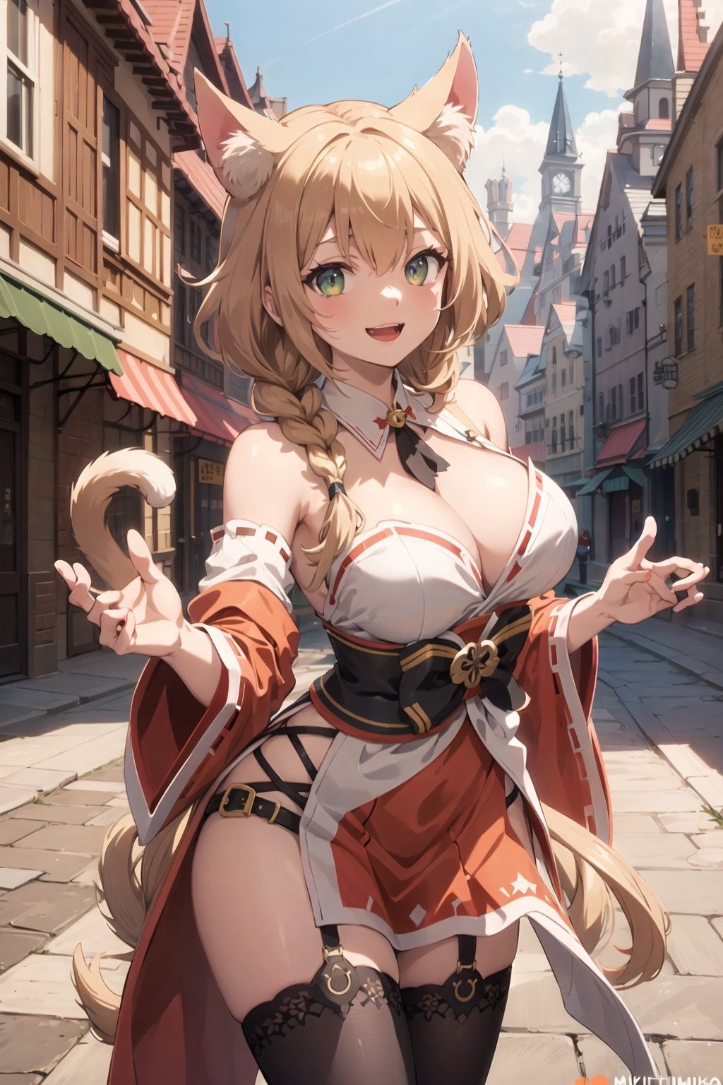 (masterpiece),illustration,8k,ray tracing,finely detailed,best detailed,Clear picture,highlight,

matrue female,milf,
tsurime eyes,
oval face,

gothic architecture,
looking at viewer,

miko outfit,
Mireiyu, cat ear, :D, neckline, smile, open mouth,
neckline, braid,