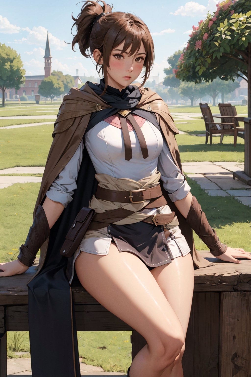 (masterpiece, best quality, ultra-detailed, 8K),High detailed, blush,slim waist,thic hips,pink lips,
dotamarci,marci,
bangs,brown hair,(brown eyes:1.5) ponytail,short ponytail, belt, cape, armor, cloak, pouch, brown belt, belt pouch, looking at viewer,outdoors,
satchel,
sitting on chair,