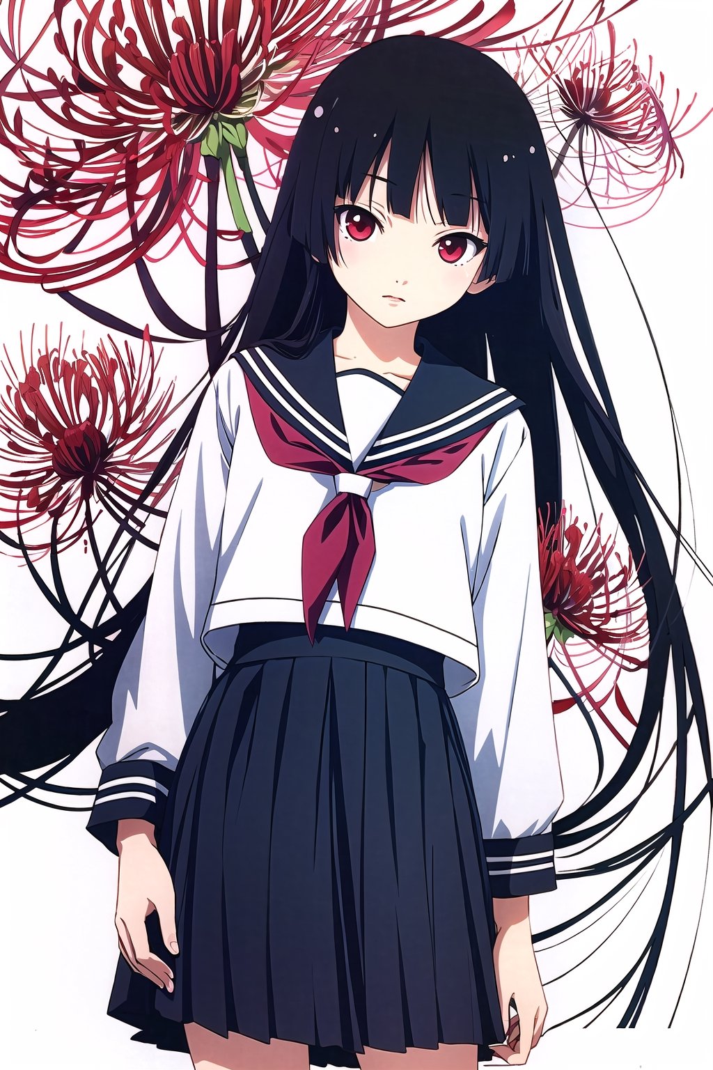 Enma Ai, 1girl, long hair, solo, flower, black hair, red eyes, spider lily, hime cut, school uniform, serafuku, black serafuku, skirt,looking at viewer, simple background,