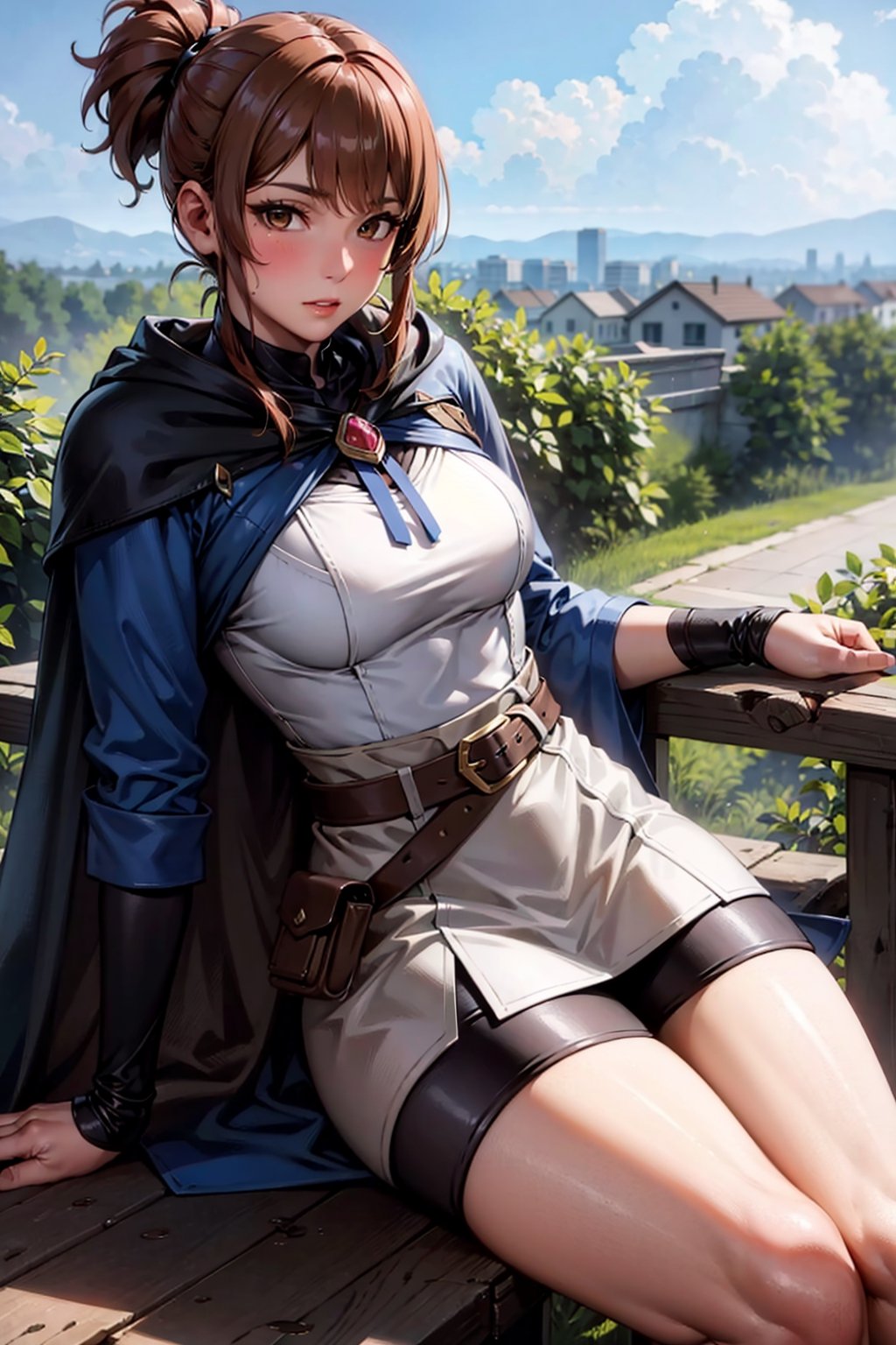 (masterpiece, best quality, ultra-detailed, 8K),High detailed, blush,slim waist,thic hips,pink lips,
dotamarci,marci,
bangs,brown hair,(brown eyes:1.5) ponytail,short ponytail, belt, cape, armor, cloak, pouch, brown belt, belt pouch, looking at viewer,outdoors,
satchel,
sitting on chair,best quality