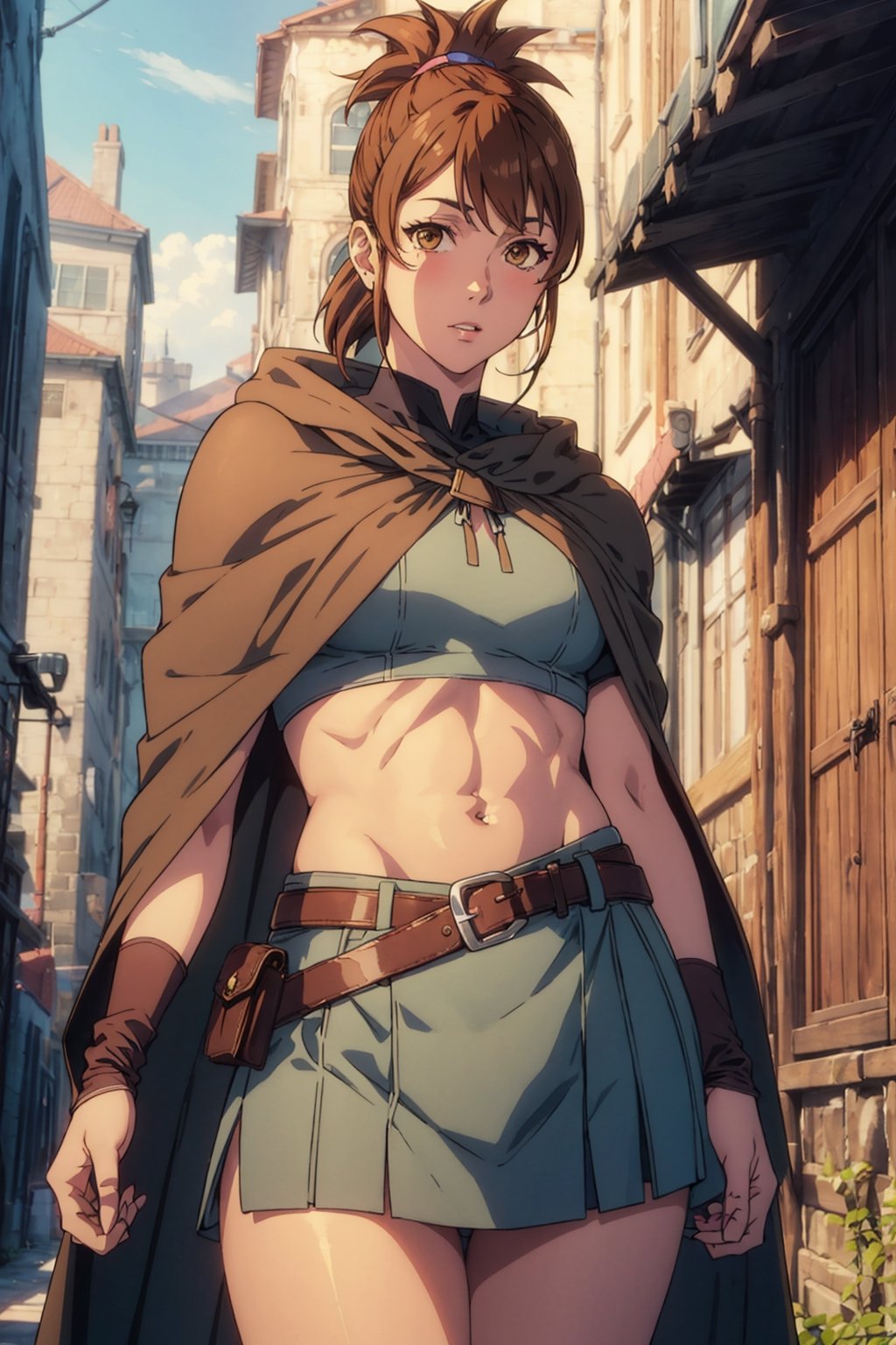 (masterpiece, best quality, ultra-detailed, 8K),High detailed, picture perfect face,blush,,perfect female body,slim waist,thic hips,abs,pink lips,hand behind head,dotamarci,marci, bangs, brown hair, (brown eyes:1.5), ponytail, short ponytail, belt, cape, armor, cloak, pouch, brown belt, belt pouch, looking at viewer,outdoors,