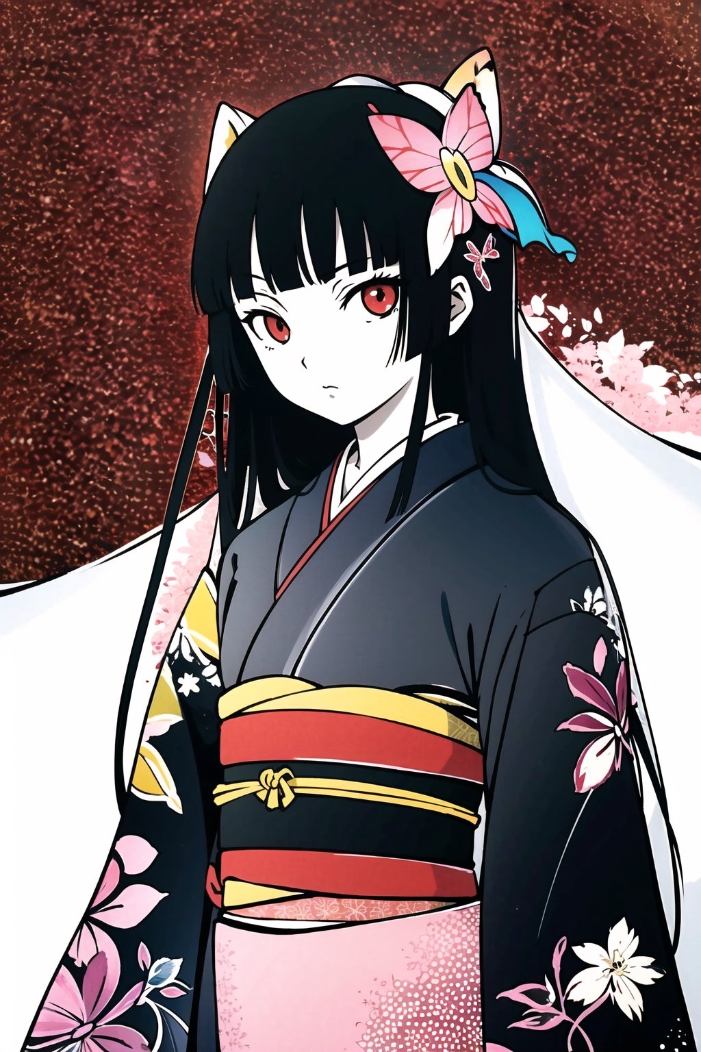 Enma Ai, 1girl, solo, japanese clothes, long hair, butterfly, bug, black hair, kimono, hime cut, bangs, bracelet, blunt bangs, jewelry, black kimono, red eyes,  ,line anime