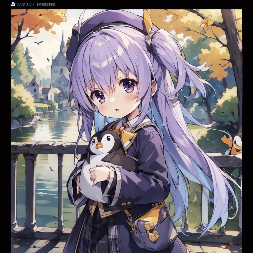 masterpiece,illustration,ray tracing,finely detailed,best detailed,Clear picture,intricate details,highlight,
anime,
gothic architecture,
looking at viewer,

nature,gothic architecture,bird,the lakeside in the heart of the forest,the staircase of the balcony,

NikkeRei,
1girl,loli,baby,long hair,hat,light purple hair,
yellow bow,yellow bag,skirt,upper body,
NikkePenguin,Penguin,