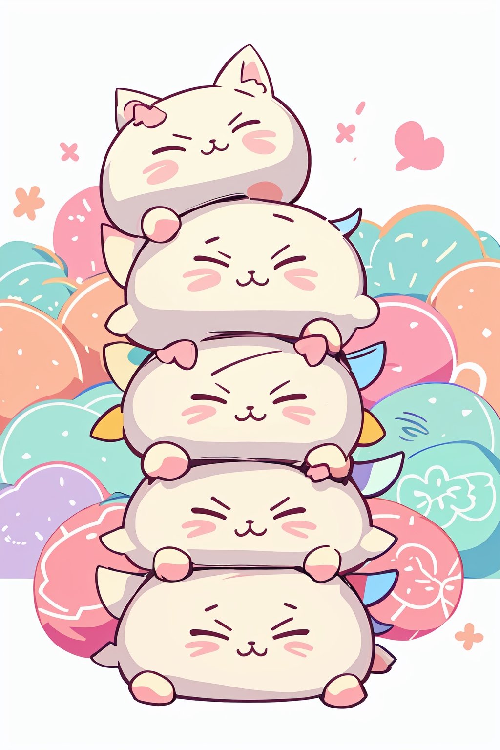 absurdres, highres, white background,(cute illustration:1.2), (fuwafuwa illustration:1.3), (kawaii ilustration:1.2),
BREAK
look at viewer, mochi cat stack on mochi cat, more stack on mochi cat,masterpiece