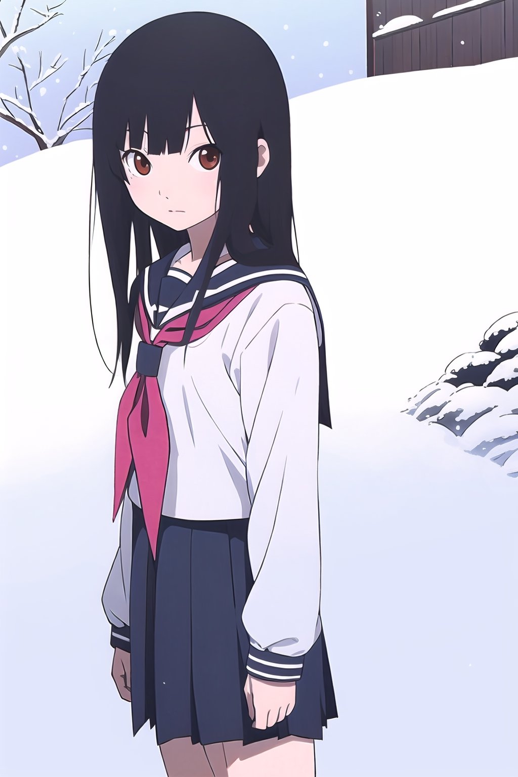 Enma Ai, 1girl, solo, school uniform, long hair, black hair, snow, serafuku, snowing, black serafuku, hime cut, scarecrow, 