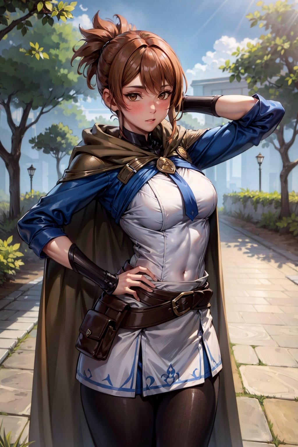 (masterpiece, best quality, ultra-detailed, 8K),High detailed, picture perfect face,blush,,perfect female body,slim waist,thic hips,abs,pink lips,hand behind head,dotamarci,marci, bangs, brown hair, (brown eyes:1.5), ponytail, short ponytail, belt, cape, armor, cloak, pouch, brown belt, belt pouch, looking at viewer,outdoors,blush,