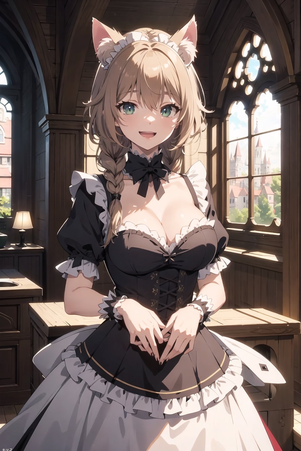 (masterpiece),illustration,8k,ray tracing,finely detailed,best detailed,Clear picture,highlight,

matrue female,milf,
tsurime eyes,
oval face,

gothic architecture,
looking at viewer,

maid outfit,
Mireiyu, cat ear, :D, neckline, smile, open mouth,
neckline, braid,