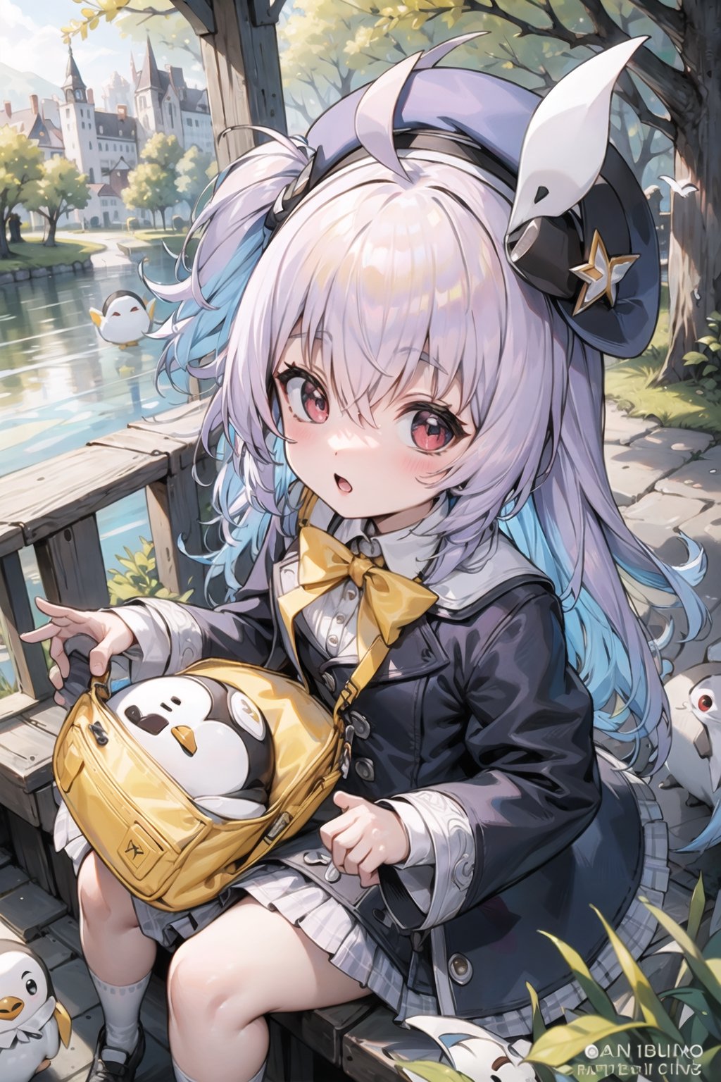 masterpiece,illustration,ray tracing,finely detailed,best detailed,Clear picture,intricate details,highlight,
anime,
gothic architecture,
looking at viewer,
nature,gothic architecture,bird,the lakeside in the heart of the forest,the staircase of the balcony,

NikkeRei,
1girl,upper body,loli,baby,long hair,hat,
yellow bow,yellow bag,
skirt,
NikkePenguin,Penguin,
sitting,