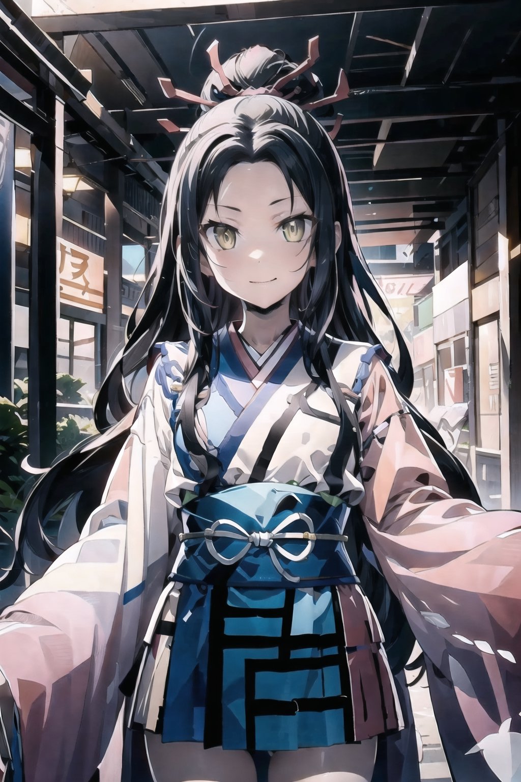 // define,
(masterpiece),illustration,8k,ray tracing,best detailed,Clear picture,highlight,

// character,
Kyoukotsu's_daughter, black hair, long hair, wave hair,yellow eyes, cowboy shot,kimono,forehead,Grinning,
looking at viewer,
bisyoujo,lady,
tsurime eyes,
oval face,

// other,
cowboy shot,

// background,
japan architecture,
looking at viewer,
