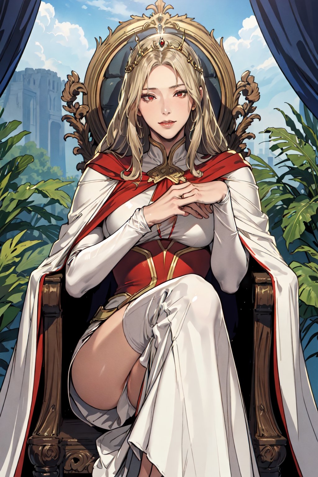 (masterpiece, best quality), 1girl, solo, (the empress:1.15), platinum blonde, long hair, (red cape), Curtain, white dress, queen dress, aurora, (sunshine, sky, river, forest), expressionless, red eyes, very long hair, (art nouveau:1.2), alphonse mucha, tiara, (face focus, upper body), sit, (red throne:1.12), tiara, crossing legs, highly intricate details, realistic light, smile