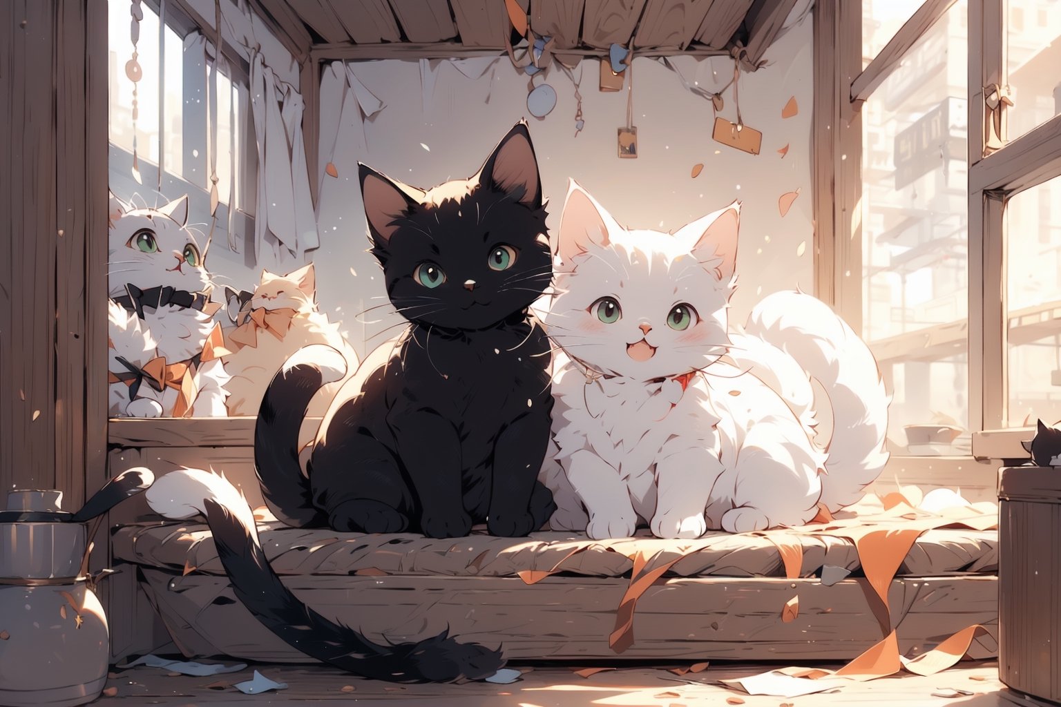 In the sunny spot by the window, two adorable cats peacefully doze side by side. One is a sleek black cat, curled up elegantly with its tail wrapped around its body. The other is a fluffy white cat, stretched out luxuriously, its soft fur glowing in the warm sunlight. Both cats breathe softly, their chests rising and falling rhythmically as they enjoy their afternoon nap together.,best quality