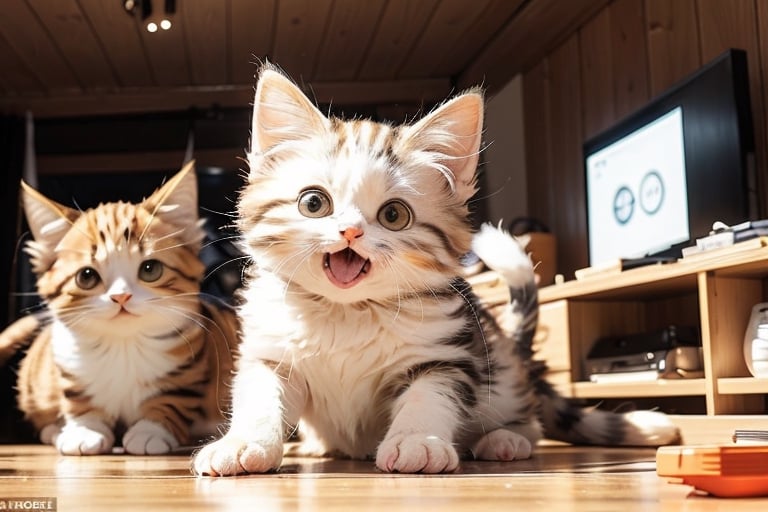 2 cat, a fat and cute orange cat, and the ground began to shake. The kitten jumps up in surprise, its fur stands on end, its mouth is wide open, its eyes are enlarged, the cat looks sad, it only stands on its hind legs, jumps up, objects in the room in the background fall,cat,Fusion monster