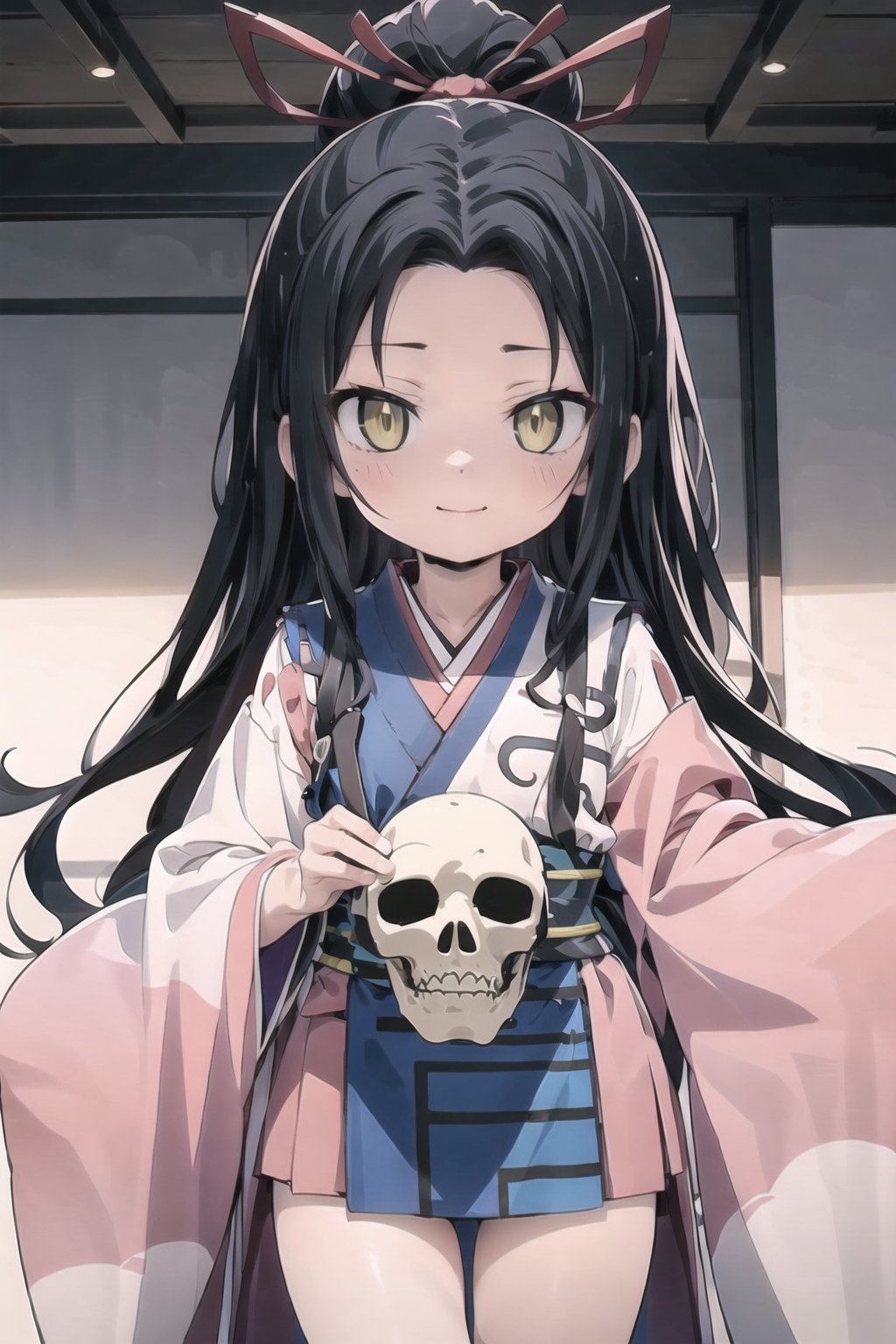 // define,
(masterpiece),illustration,8k,ray tracing,best detailed,Clear picture,highlight,

// character,
Kyoukotsu's_daughter, black hair, long hair, wave hair,yellow eyes, cowboy shot,kimono,forehead,Grinning,
looking at viewer,
skull,
bisyoujo,lady,
tsurime eyes,
oval face,

// other,
cowboy shot,

// background,
japan architecture,
looking at viewer,YayaNanto, school uniform