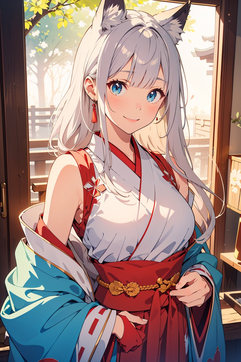 

(masterpiece),illustration,ray tracing,beautiful detailed,colourful,finely detailed,dramatic light,
medium breasts,
Miko outfit,red skrit,matrue female,oval face,blunt bangs,long hair,tassel,white hair,blue eye,smile,fox ear,
matrue female,milf,
bisyoujo,lady,
tsurime eyes,
japanese architecture,forest,sunlight,diffuse light,