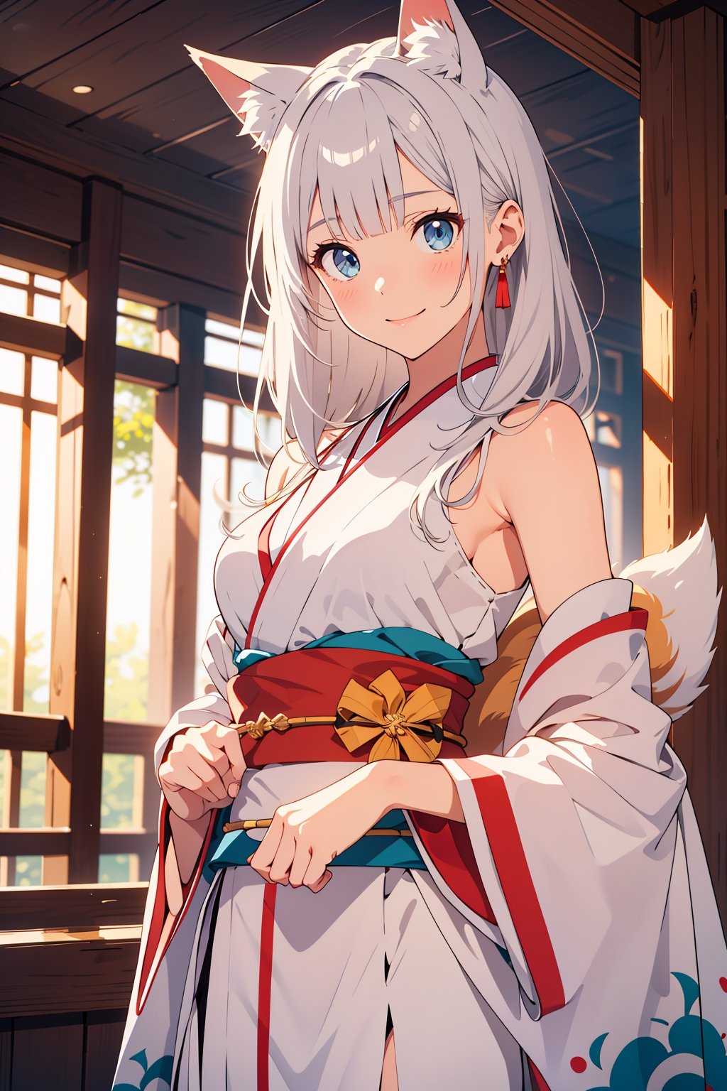 

(masterpiece),illustration,ray tracing,beautiful detailed,colourful,finely detailed,dramatic light,
medium breasts,
white Miko outfit,red skrit,matrue female,oval face,blunt bangs,long hair,tassel,white hair,blue eye,smile,fox ear,
matrue female,milf,
bisyoujo,lady,
tsurime eyes,
japanese architecture,forest,sunlight,diffuse light,