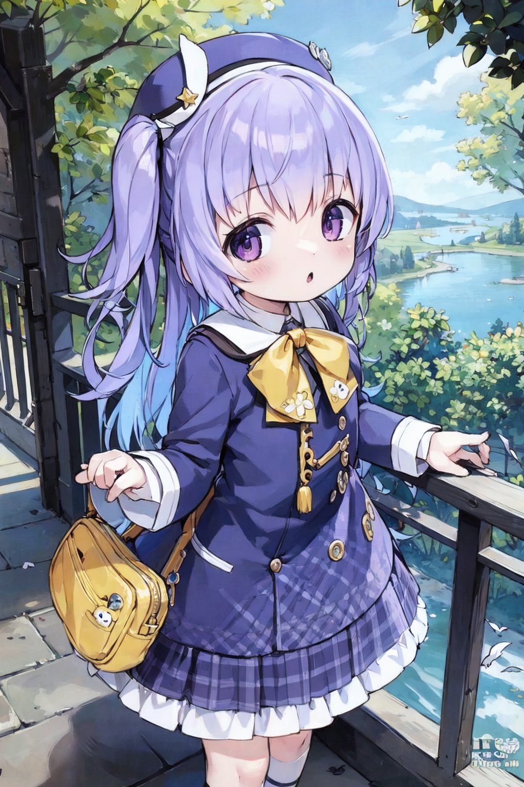 masterpiece,illustration,ray tracing,finely detailed,best detailed,Clear picture,intricate details,highlight,
anime,
gothic architecture,
looking at viewer,

nature,gothic architecture,bird,the lakeside in the heart of the forest,the staircase of the balcony,

NikkeRei,
1girl,loli,baby,long hair,hat,purple hair,
yellow bow,yellow bag,skirt, cowboy shot,
NikkePenguin,
from above,
sitting,koitosc,petite