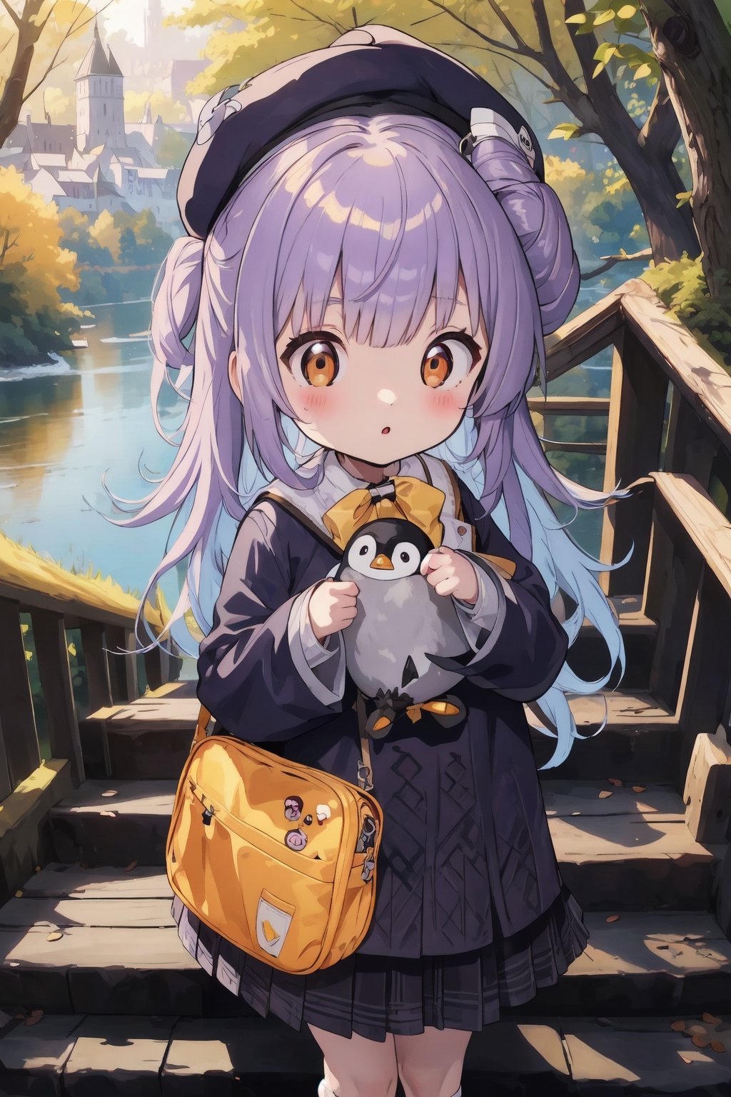 masterpiece,illustration,ray tracing,finely detailed,best detailed,Clear picture,intricate details,highlight,
anime,
gothic architecture,
looking at viewer,

nature,gothic architecture,bird,the lakeside in the heart of the forest,the staircase of the balcony,

NikkeRei,
1girl,loli,baby,long hair,hat,light purple hair,
yellow bow,yellow bag,skirt,upper body,
NikkePenguin,Penguin,