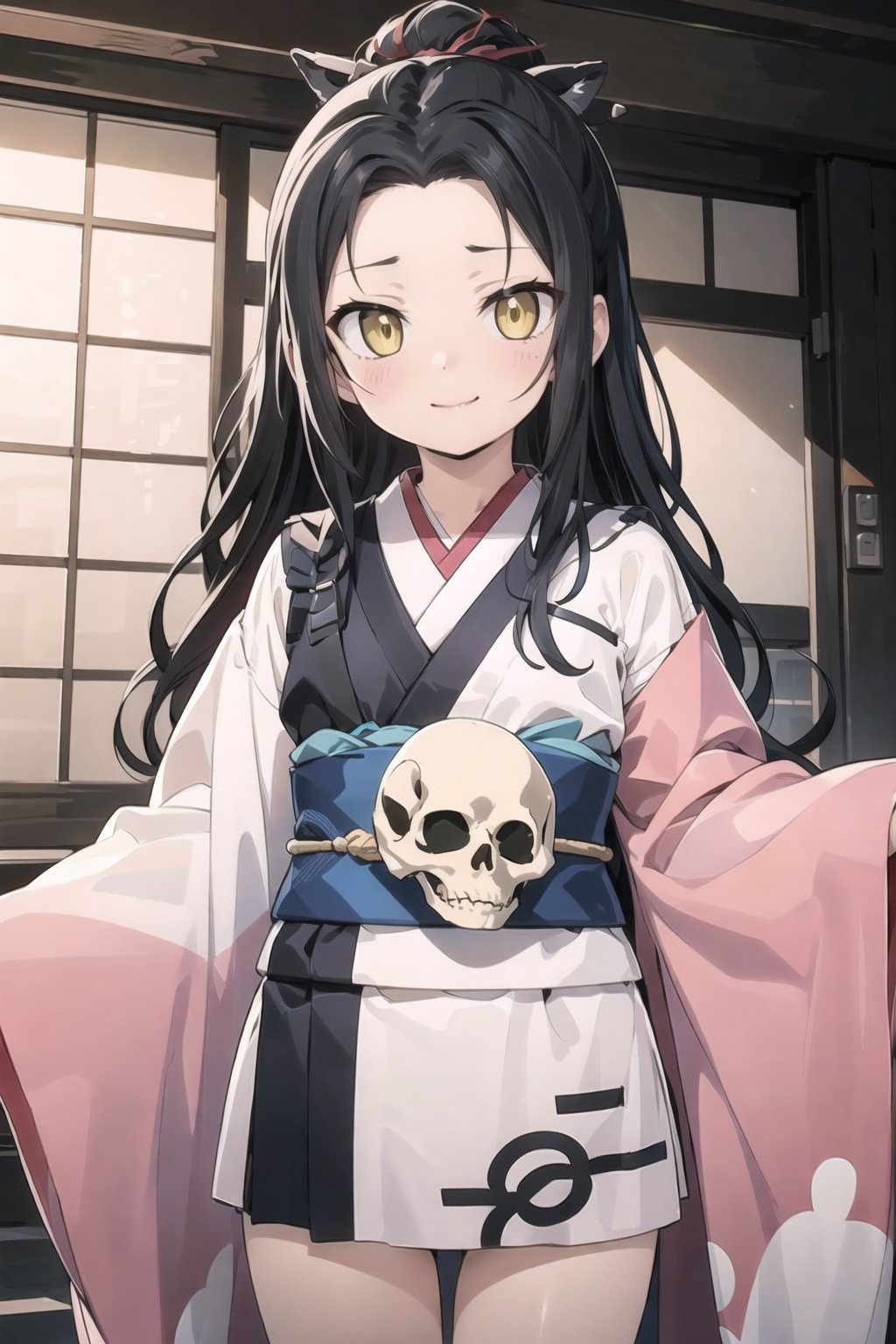 // define,
(masterpiece),illustration,8k,ray tracing,best detailed,Clear picture,highlight,

// character,
Kyoukotsu's_daughter, black hair, long hair, wave hair,yellow eyes, cowboy shot,kimono,forehead,Grinning,
looking at viewer,
skull,
bisyoujo,lady,
tsurime eyes,
oval face,

// other,
cowboy shot,

// background,
japan architecture,
looking at viewer,YayaNanto