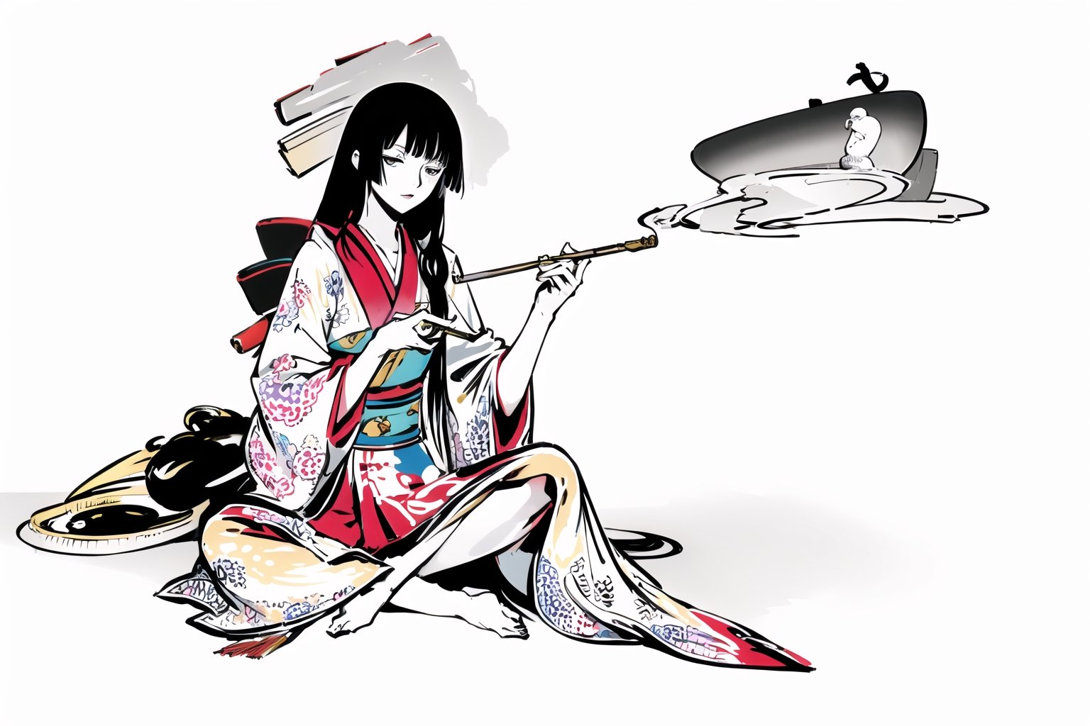masterpiece, 1girl, oriental style, long hands,
(white background:1.5),
simple background,
mature female,
kimono,Holding a smoking pipe,
sitting,masterpiece,
line anime,fujimotostyle,
Black and white comic style,