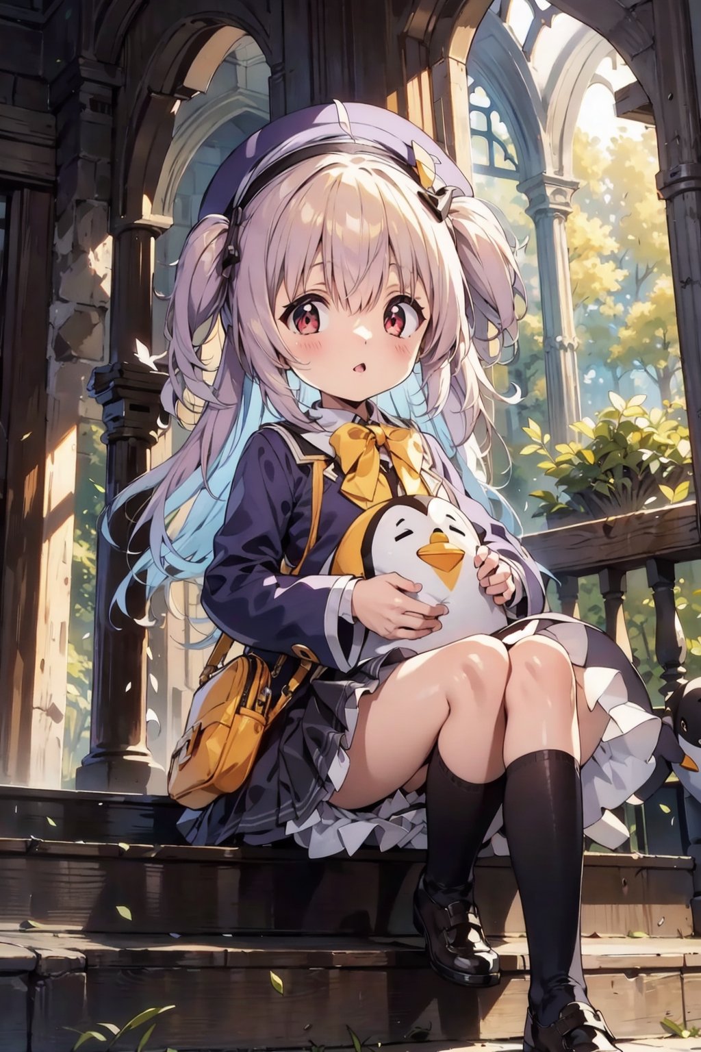 masterpiece,illustration,ray tracing,finely detailed,best detailed,Clear picture,intricate details,highlight,
anime,
gothic architecture,
looking at viewer,

nature,gothic architecture,bird,the lakeside in the heart of the forest,the staircase of the balcony,

NikkeRei,
1girl,loli,baby,long hair,hat,
yellow bow,yellow bag,
skirt,
NikkePenguin,Penguin,
sitting,