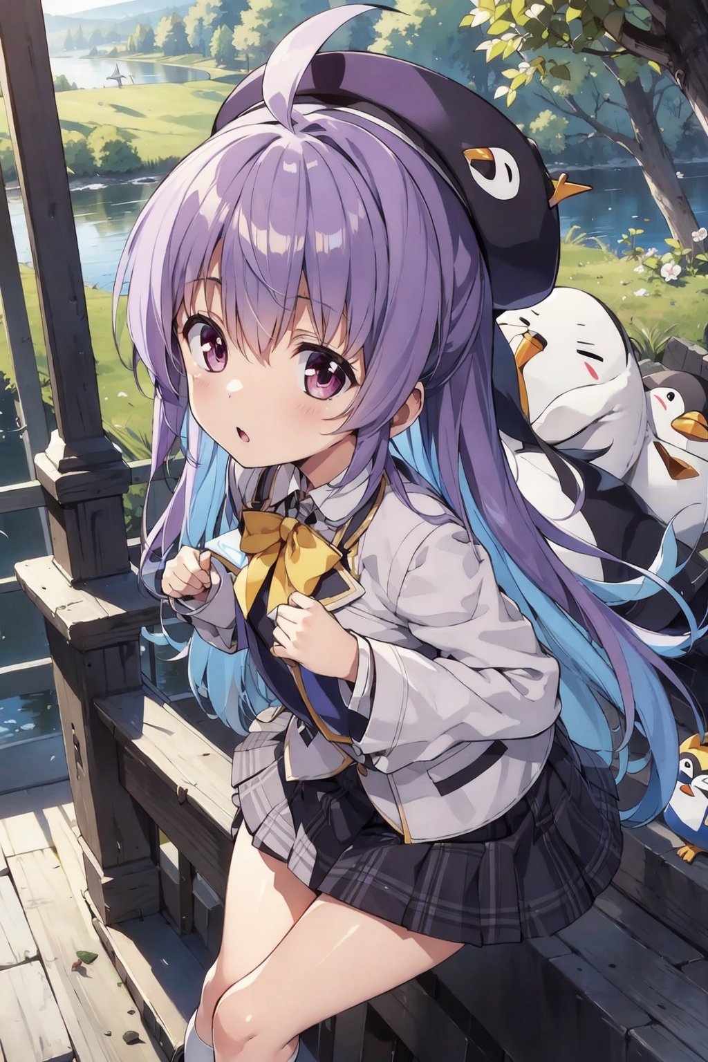 masterpiece,illustration,ray tracing,finely detailed,best detailed,Clear picture,intricate details,highlight,
anime,
gothic architecture,
looking at viewer,

nature,gothic architecture,bird,the lakeside in the heart of the forest,the staircase of the balcony,

NikkeRei,
1girl,loli,baby,long hair,hat,purple hair,
yellow bow,yellow bag,skirt, cowboy shot,
NikkePenguin,Penguin,A penguin sleeping in its owner's arms,
from above,
sitting,