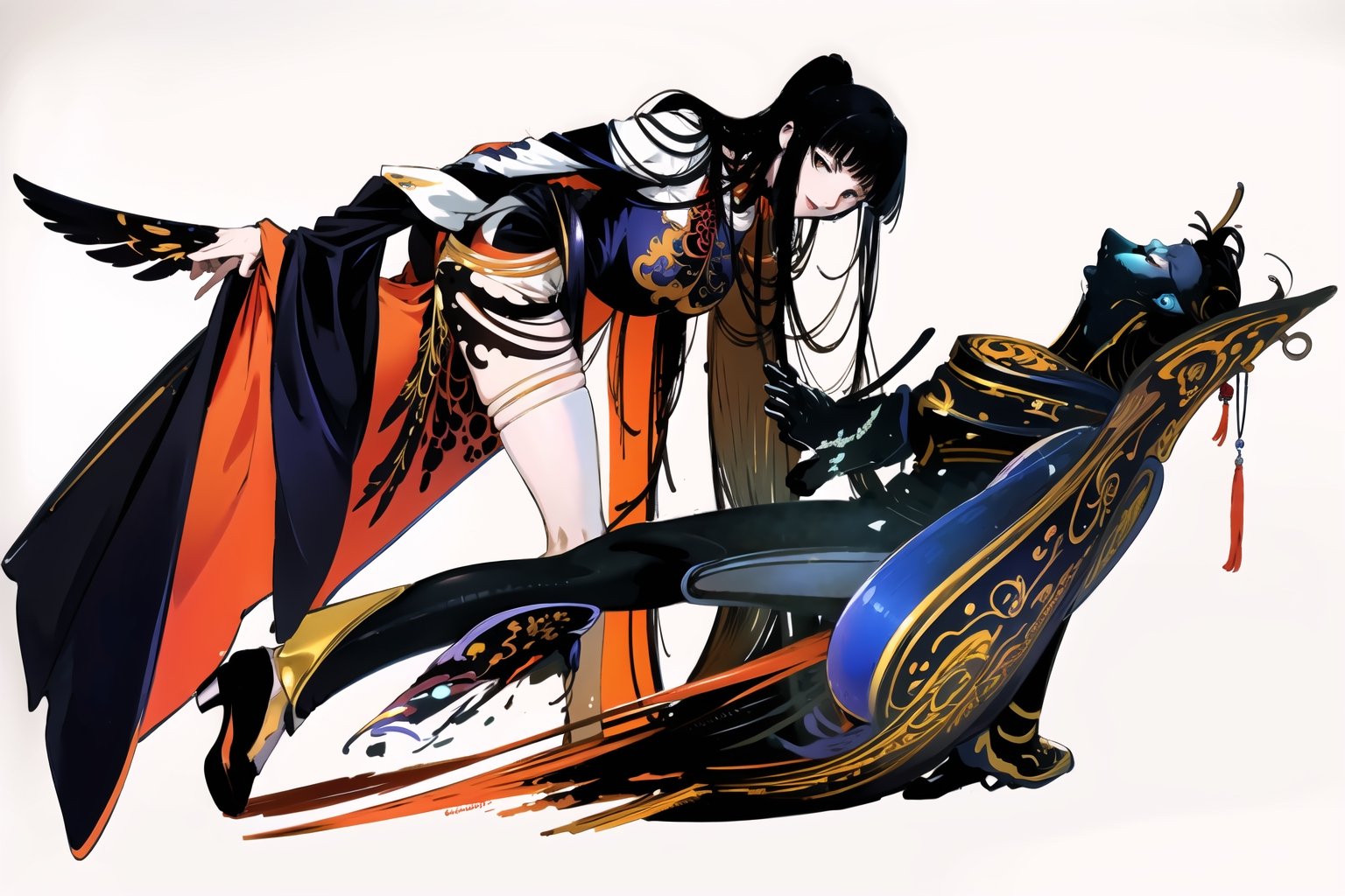 8k, anime, portrait, best quality, ultra high res, ultra detailed, vivid color tone, art nouveau, extremely detailed lighting, cinematic lighting, soft lights, (masterpiece, high quality:1.4), ((full body)),  , 1boy and 1girl, witchery, oriental style, (long hands, long legs), extremely detailed accessories, many rich oriental accessories,
(white background:1.5),
simple background,
mature female