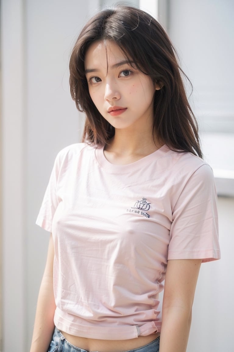 18 years old instagram girl, ((tshirt))
, small saggy breast,  Eurasian, Young beauty spirit, long wavy hair, (pink theme), (),no_bra