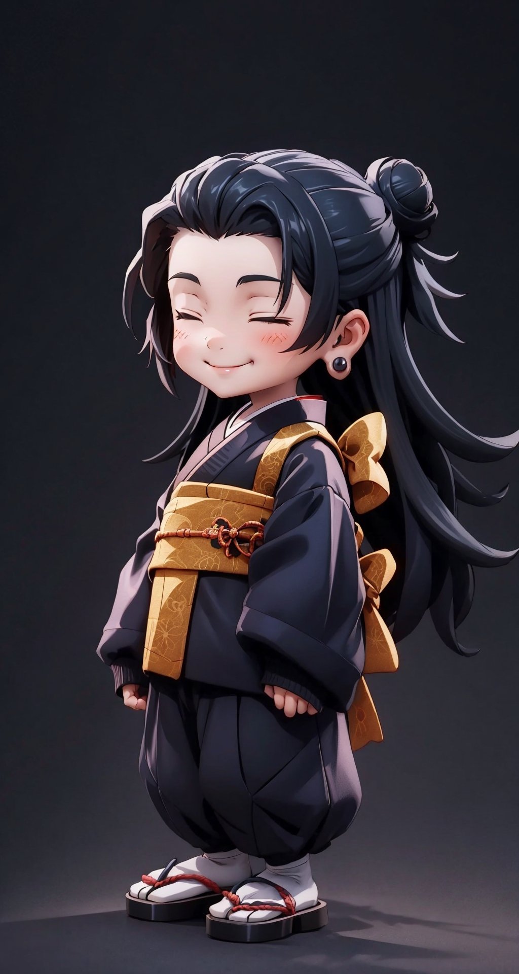 (Super Chibi) (Very Small Body) (Shame face) (black and silver background) (there are small lopes surrounding the character) (Dark), getou, long hair, looking at viewer, smile, , black hair, long sleeves, closed mouth, standing, jacket, closed eyes, white shirt, male focus, cowboy shot, japanese clothes, wide sleeves, kimono, hair bun, black eyes, black jacket, profile, ^_^, piercing, single hair bun, ear piercing, black kimono, hair pulled back, full_body