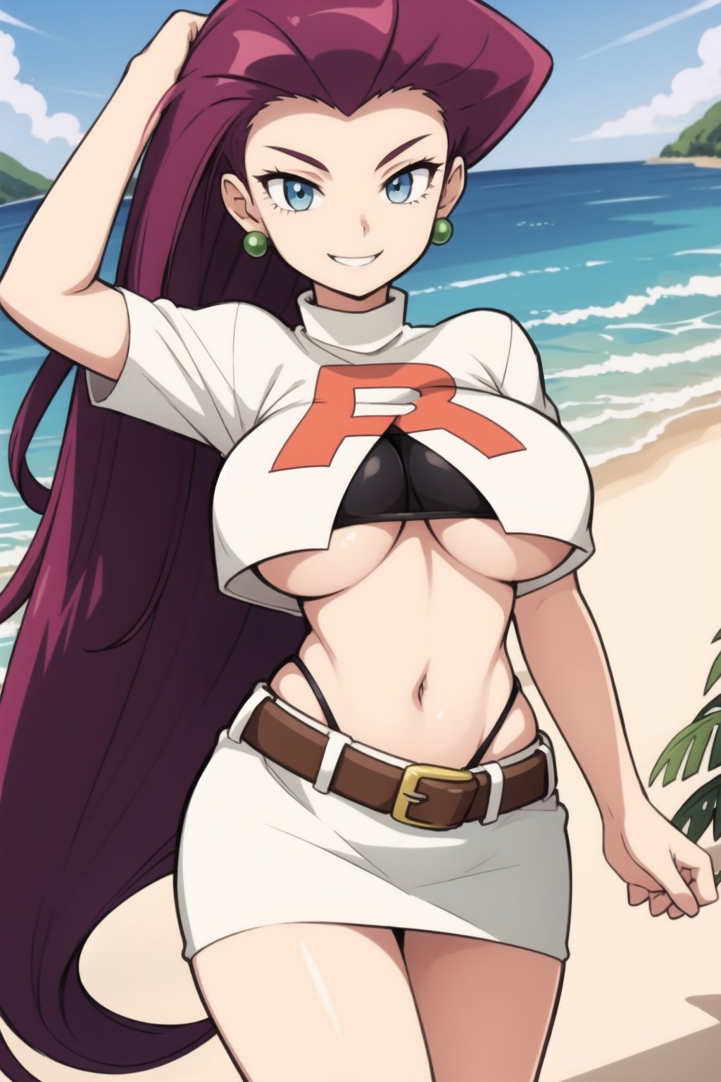jessie pokemon,solo,team rocket,hair slicked back,long hair,jewelry,skirt,navel,earrings,blue eyes,midriff,belt,very long hair,smile,purple hair,looking at viewer,breasts,white skirt,miniskirt,Big boobs,seminude,beach,anime style,perfect quality,best quality 