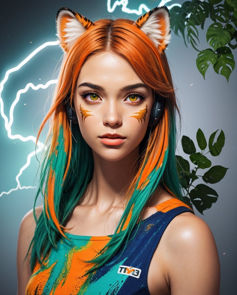 (masterpiece:1.1), (highest quality:1.1), (HDR:1.0), extreme quality, cg, (negative space), detailed face+eyes, 1girl, fox ears, animal ear fluff, (plants:1.18), (fractal art), (bright colors), splashes of color background, colors mashing, paint splatter, complimentary colors, neon, (thunder tiger), compassionate, electric, limited palette, synthwave, fine art, tan skin, upper body, (green and orange:1.2), time stop, sy3, SMM