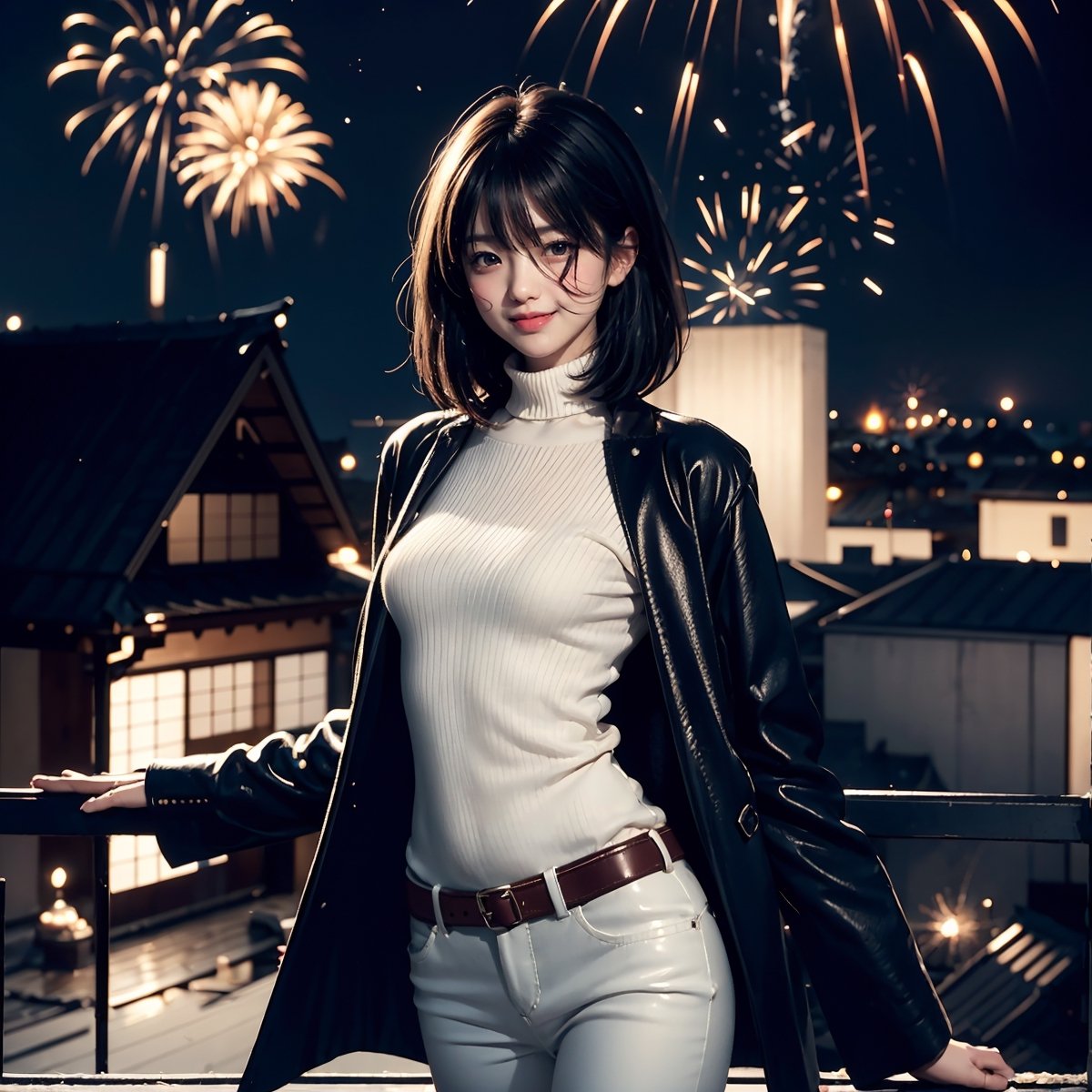 Fractal art that is mesmerizing and visually stunning. Official art, masterpiece. 4K high resolution rendering. One Japanese female, 17 years old, 5 feet tall. Straight, medium bob black hair, bangs, dark brown eyes, short eyelashes. Smiling face. Small breasts, nice legs. Building rooftop, iron fence, night, night view, starry sky, fireworks. Long warm wool coat, white turtleneck sweater, leather pants. Cowboy shot.,1 girl,Ava