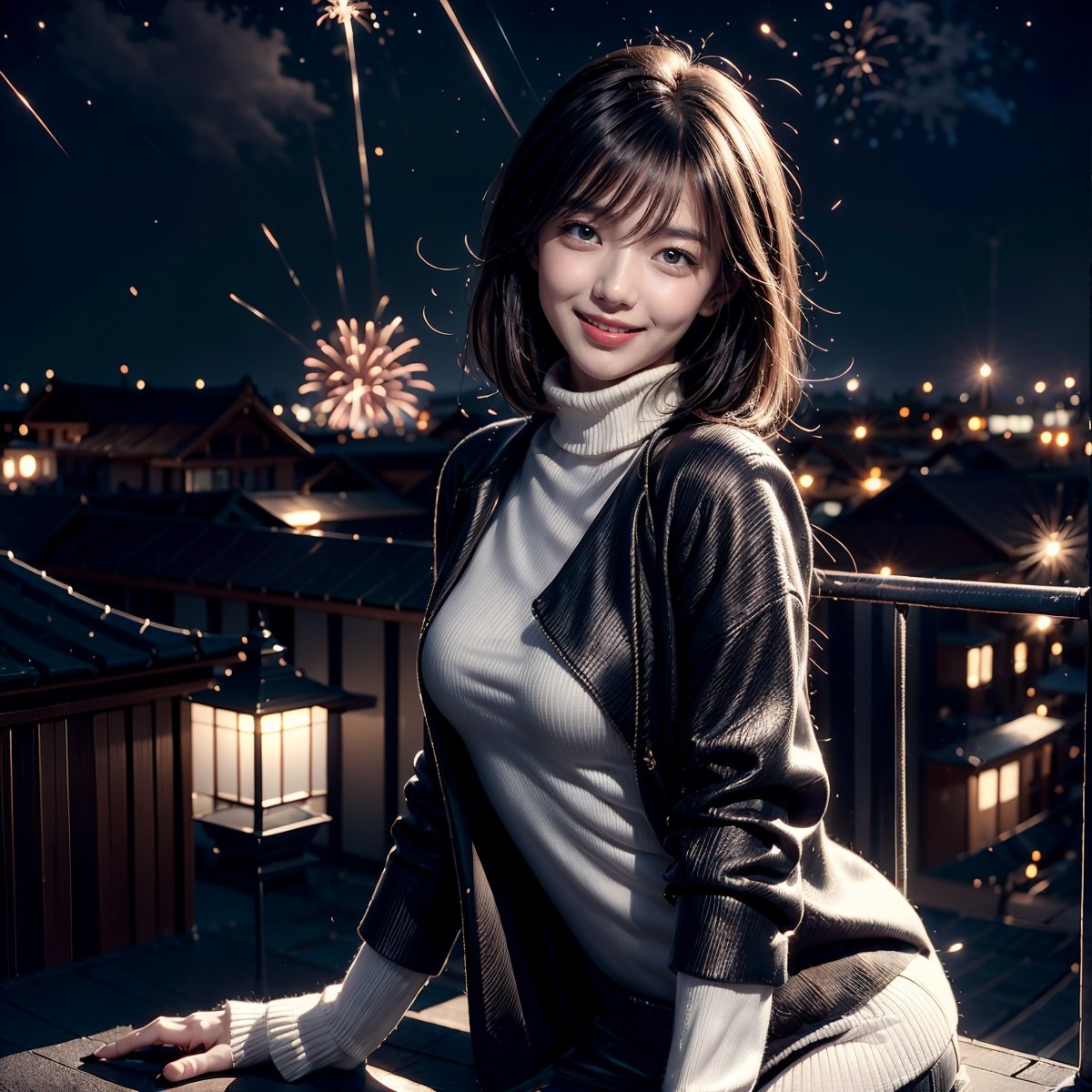Fractal art that is mesmerizing and visually stunning. Official art, masterpiece. 4K high resolution rendering. One Japanese female, 17 years old, 5 feet tall. Straight, medium bob black hair, bangs, dark brown eyes, short eyelashes. Smiling face. Small breasts, nice legs. Building rooftop, iron fence, night, night view, starry sky, fireworks. Long warm wool coat, white turtleneck sweater, leather pants. Cowboy shot.,1 girl,Ava