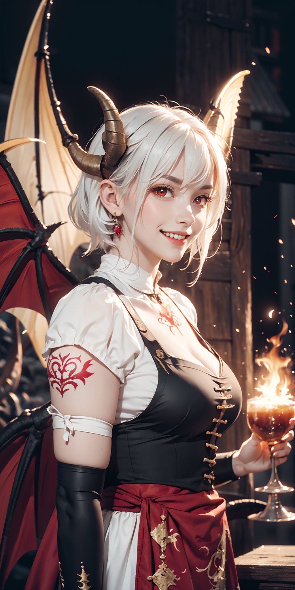 best quality, extremely detailed, HD, 8k, EpicMonster, monster, 1girl, (((white hair, dragon wings, two horns in head, red eyes, tattoos))), fire jewelry, muscle, muscle body, strong body, (((upper body, fantasy setting, medieval barrack background, wearing medieval Dirndl, big smile))), beautiful eyes, perfect body, happy, big smile