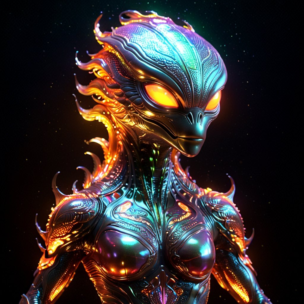 Alien creature in chinese phonix shape, with opalescent skin and iridiscent scales, masterpiece, absolutely perfect, stunning image, visually rich, intricately detailed, concept art, by Mschiffer, glowy, cinematic, UHD wallpaper, 3d, octane render, volumetric lights,Movie Still