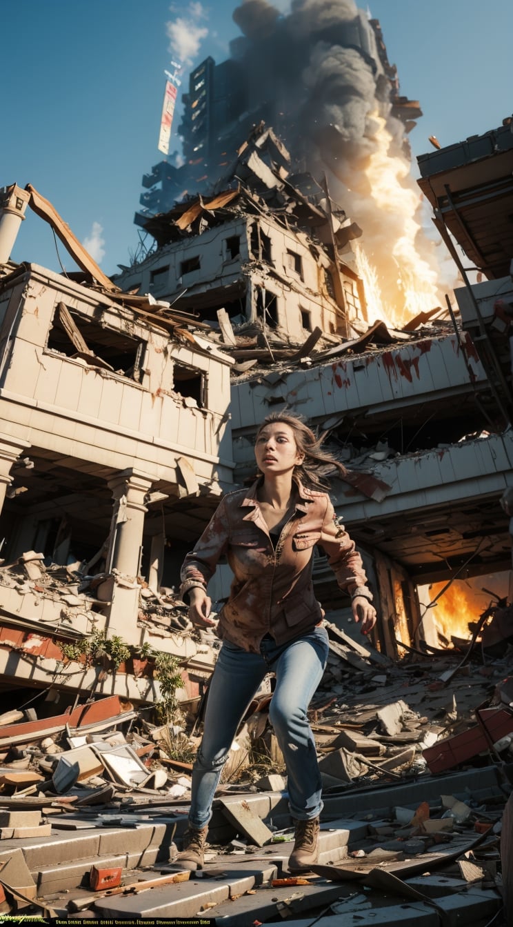 view_from_below,low-angle_shot, ((High Quality)),Detailedface,1 girl,Atop the ruins, a girl was running, her clothes fluttering under the blazing fire. Her eyes filled with fear as the buildings around her collapsed. In this land full of running and the smell of blood, corpses are scattered everywhere, and there are wreckage, explosions and traces of war everywhere.
