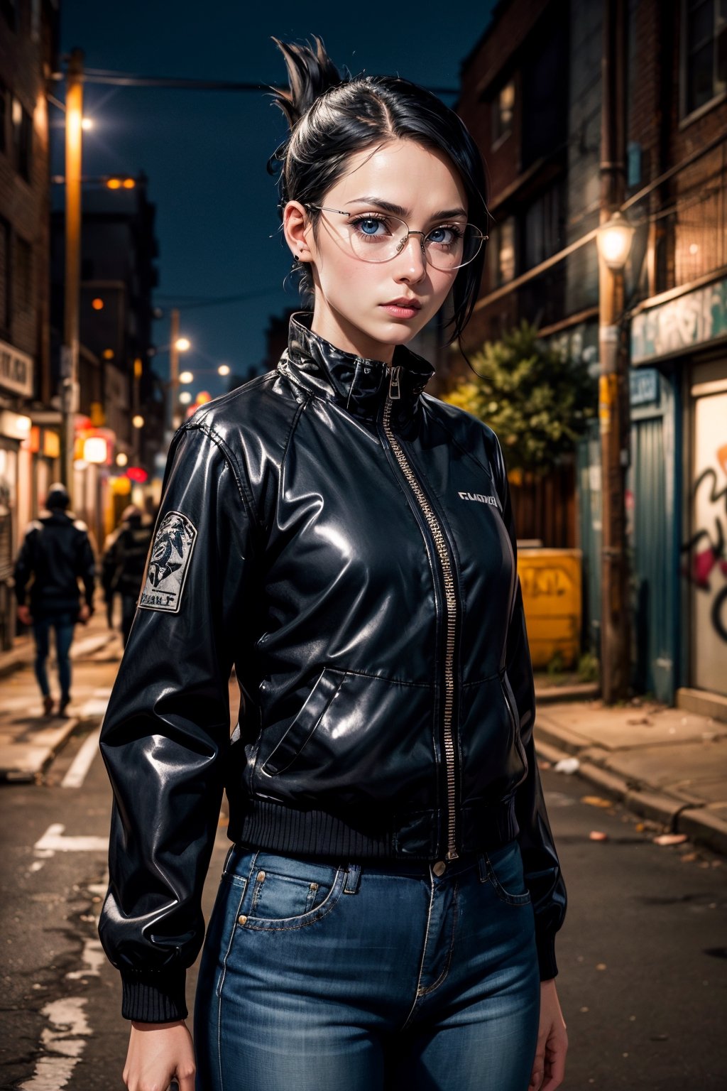 (best quality:1.4), (detailed:1.3), (RAW photo:1.2), highres, intricate, 8K wallpaper, cinematic lighting, photorealistic, one girl, female_solo, black hair, folded ponytail, glasses, latex top, blue jeans, black jacket, in the slum streets, graffiti, city, midnight, serious face, ise nanao