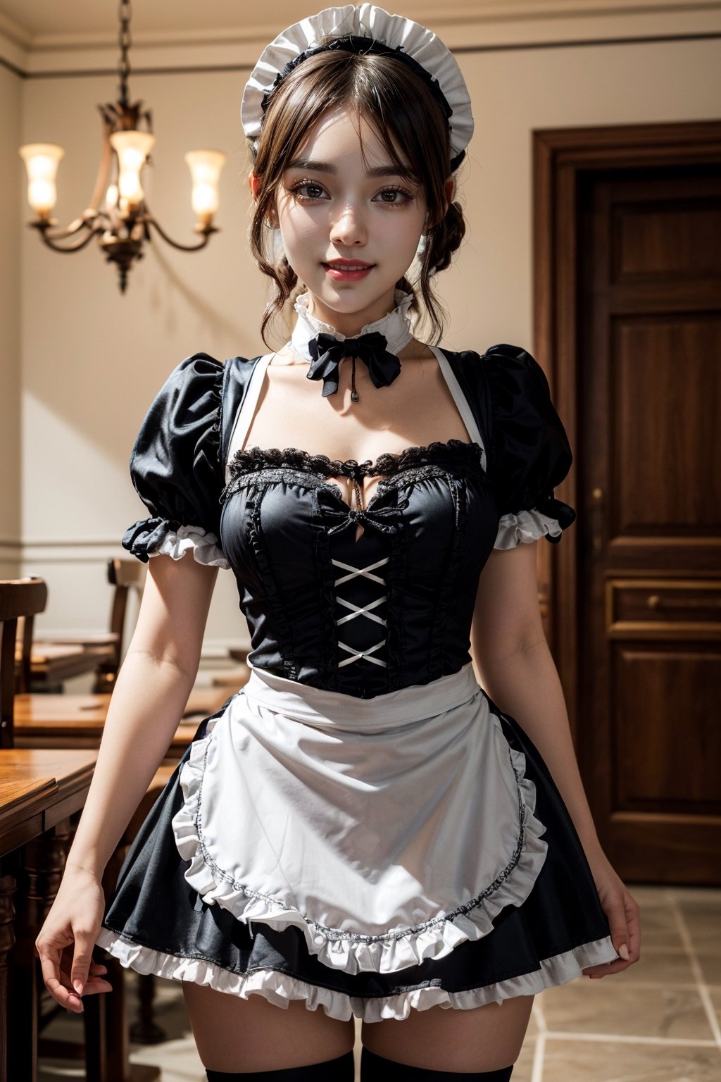 (best quality:1.4), (detailed:1.3), (RAW photo:1.2), highres, intricate, 8K wallpaper, cinematic lighting, photorealistic, one girl, female_solo, black hair, ponytail, very long hair, gigantic breasts, narrow hips, (black Victorian maid costume:1.5), black bowtie, short sleeves white neck collar, large apron, white apron, black pantyhose, luxury restaurant, beautiful lighting, well bright chandeliers, tray of food, smile expression, well done make-up, well detailed image