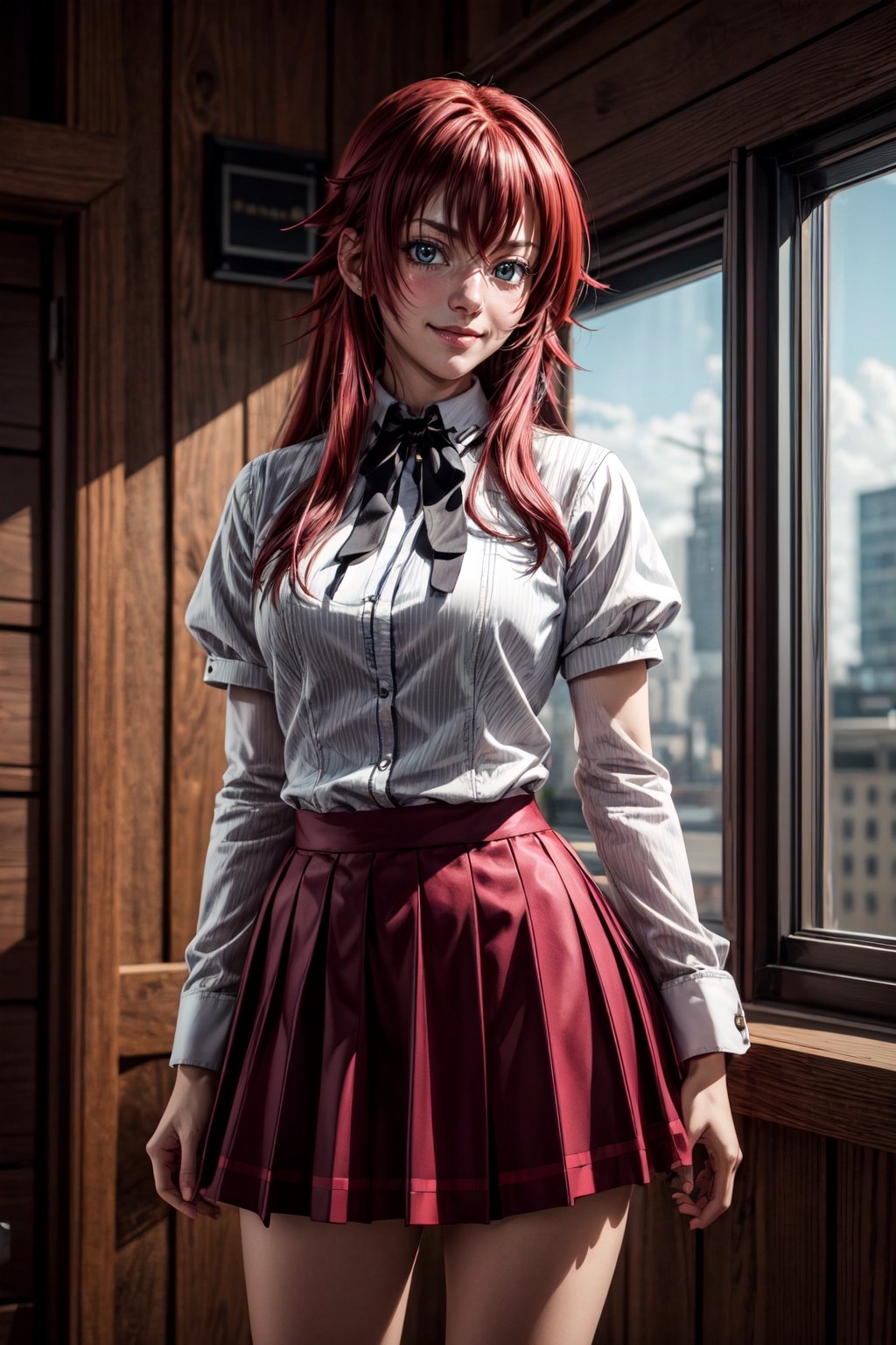 best quality:1.4), (detailed:1.3), (RAW photo:1.2), highres, intricate, 8K wallpaper, cinematic lighting, photorealistic, one woman, female_solo, school uniform, red skirt, cute smile, blush,rias gremory