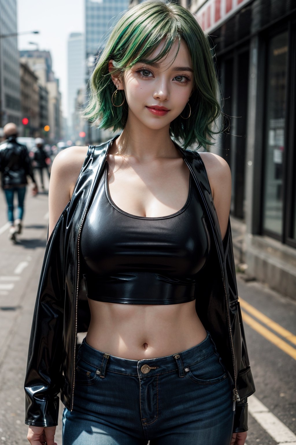 (best quality:1.4), (detailed:1.3), (RAW photo:1.2), highres, intricate, 8K wallpaper, cinematic lighting, photorealistic, one girl, female_solo, green hair, curly hair, long hair, aqua earrings, (latex tank top:1.5), black fur jacket, exposed shoulders, navel, short jeans, beautiful makeup, glossy lips, in the city, at dawn, busy streets, slight fog, cute smile, sexy pose, well detailed image