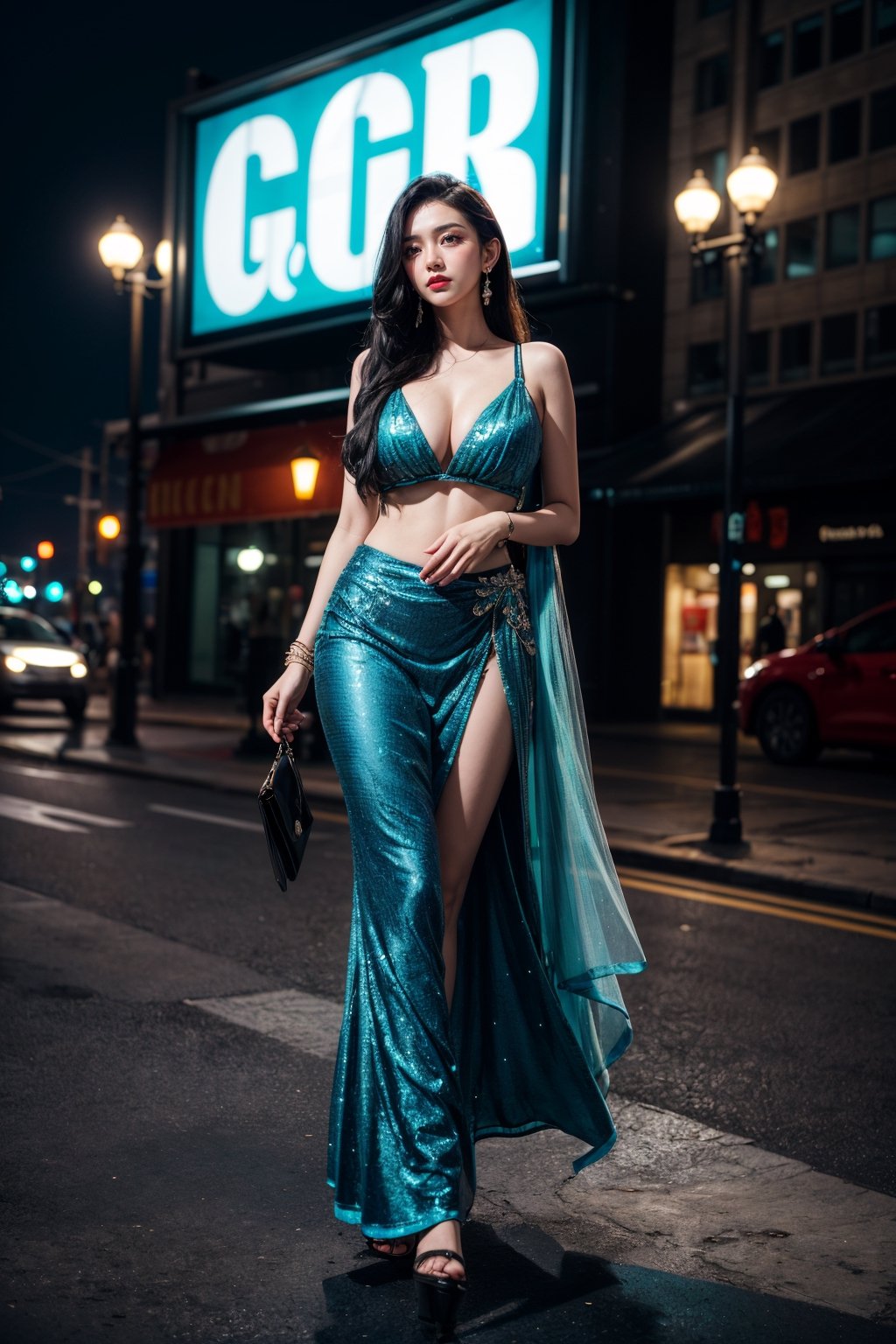 (best quality:1.4), (detailed:1.3), (RAW photo:1.2), highres, intricate, 8K wallpaper, cinematic lighting, photorealistic, one girl, female_solo, black hair, very long hair, large cup breasts, curvy hips, turquoiselehenga, sleeveless, long clothes, black heels, aqua_earrings, hairpins, handbag, city,midnight, neon lights, happy, looking away from viewer, observing the sky, side focus 
