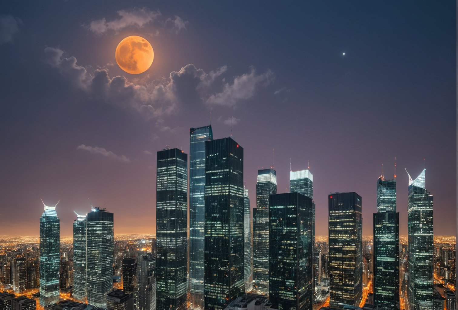 night, dark-orange cloud lumened by city, bright moon, dark-gray-purple sky; sky scrapers square and rectangular skyscrapers with white frequent square windows, shades of skyscraper windows: dark blue, dark turquoise. The roofs of skyscrapers from dark squares or illuminated with a dim blue border,
