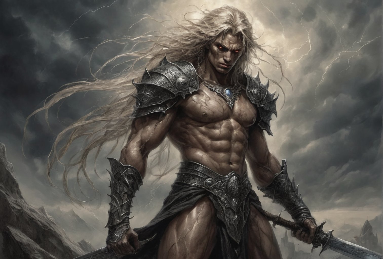 Create a portrait of the main antagonist of the demigod, he has long, flowing hair the color of storm clouds, serpentine creature with scales as black as night, glowing eyes like lightning, and razor-sharp teeth. </br> It is impossible to tell its age or gender as it is a mythological creature. captivating with mystery and at the same time repulsive, from whose gaze your throat dries up and you are speechless, but you can feel his strong spirit and sense of heroism, so that sometimes you donТt understand whether he is a villain or a hero in front of you.
Style of Medieval fantasy warrior art by Luis Royo. tan, black, tan, blanchedalmond colors. 8K HD.