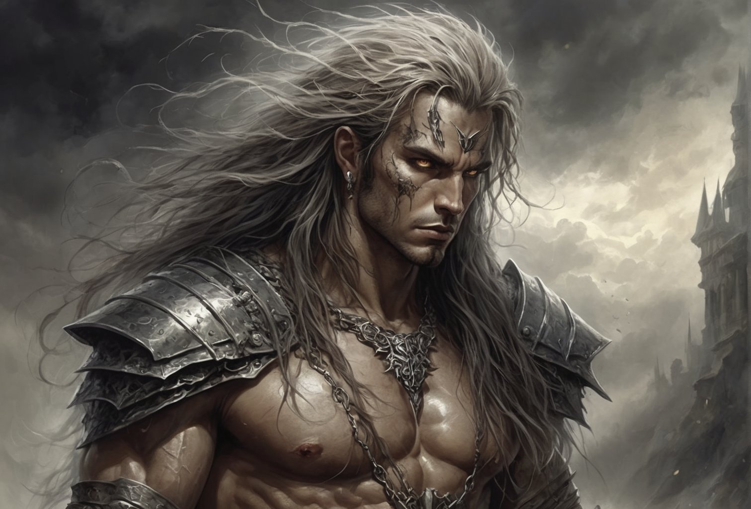 Create a portrait of the main antagonist of the demigod, he has long, flowing hair the color of storm clouds, serpentine creature with scales as black as night, glowing eyes like lightning, and razor-sharp teeth. </br> It is impossible to tell its age or gender as it is a mythological creature. captivating with mystery and at the same time repulsive, from whose gaze your throat dries up and you are speechless, but you can feel his strong spirit and sense of heroism, so that sometimes you donТt understand whether he is a villain or a hero in front of you. Style of Medieval fantasy warrior art by Luis Royo. tan, black, tan, blanchedalmond colors. 8K HD.