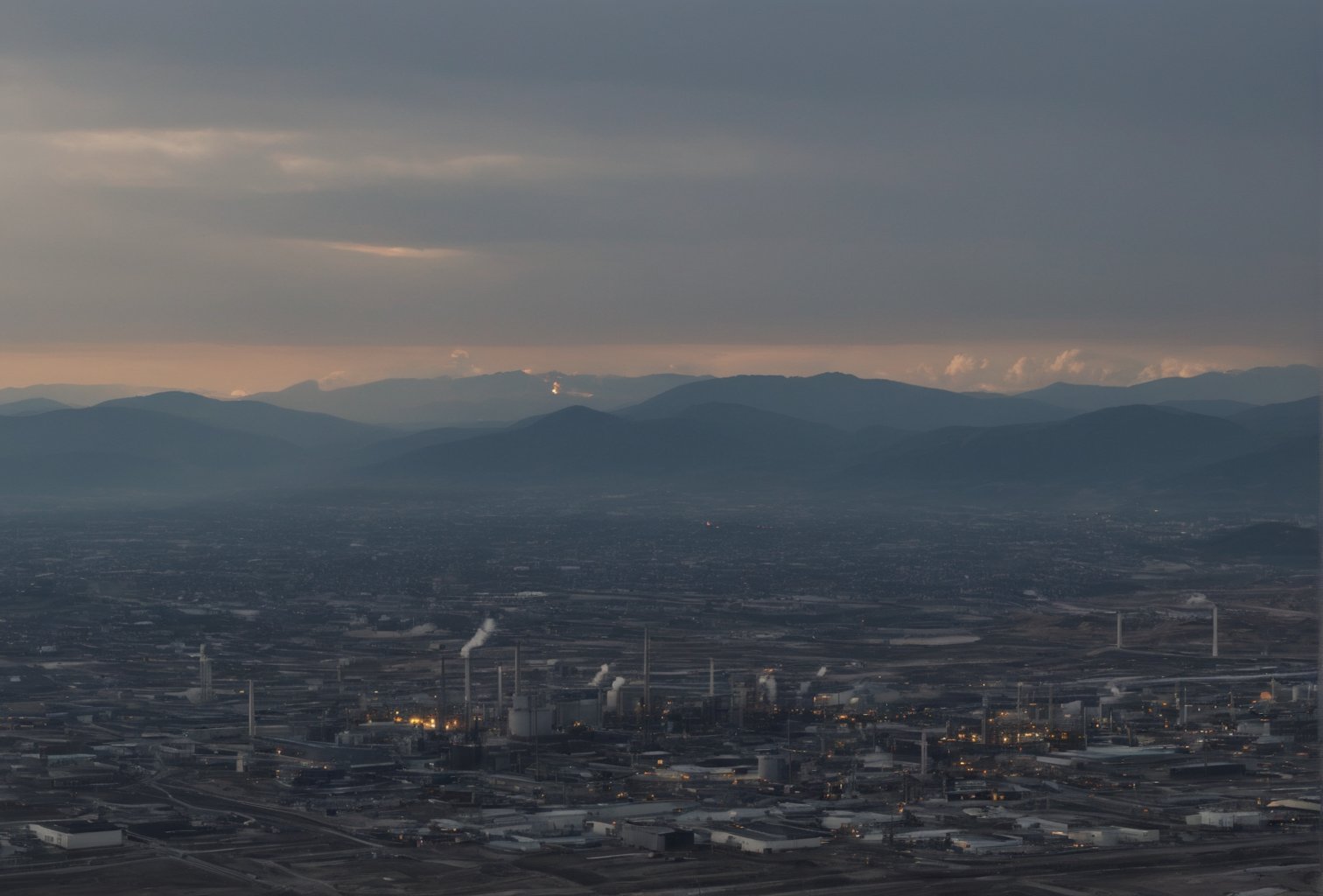 A dense layer of blue clouds illuminated in royalblue from above, a small golden sun, light gray mountains in the distance on the horizon among which power plants and industrial buildings can be seen, closer gray mountains on the horizon among which power plants and industrial buildings can be seen, black mountains on the horizon among which power plants and industrial buildings can be seen,