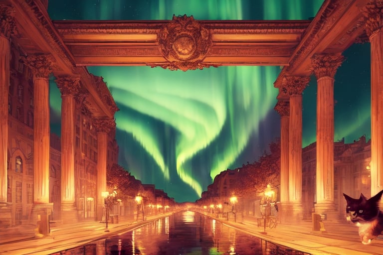 painting of A sky filled with a vibrant aurora borealis illuminating a city with grand columns while cats roam the streets and serpentine creatures swim in the oceans. Style of Cute cats and kittens with a mirror background. rosybrown, chocolate, sandybrown, darkred colors. 8K HD.