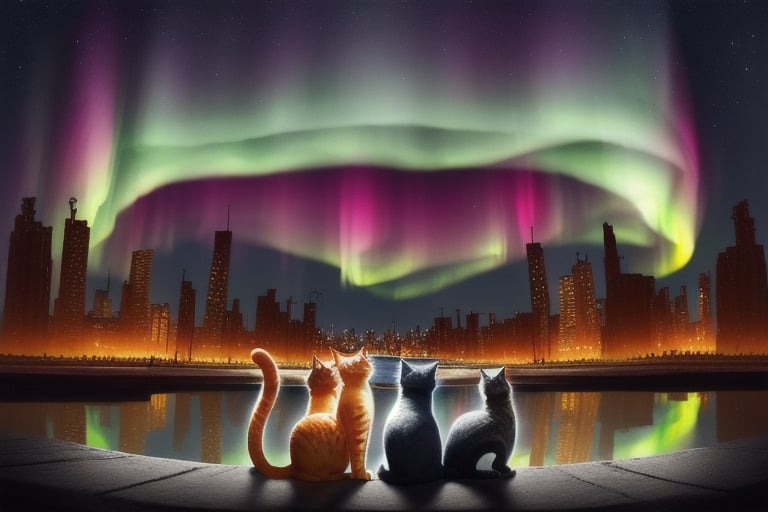 painting of A sky filled with a vibrant aurora borealis illuminating a city with grand columns while cats roam the streets and serpentine creatures swim in the oceans. Style of Cute cats and kittens with a mirror background. rosybrown, chocolate, sandybrown, darkred colors. 8K HD.